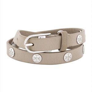 Tory Burch Beige Double Wrap Leather Logo Studded Bracelet Silvertone